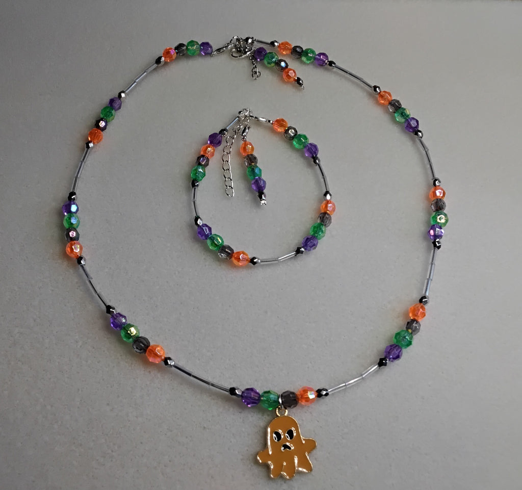 Handmade Beaded Halloween Necklace and Bracelet Set (Ghost)